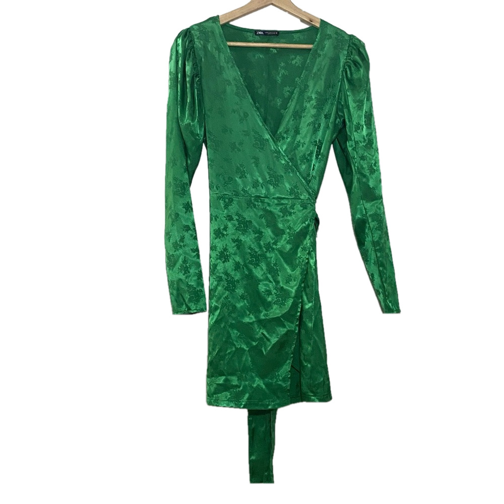 Zara women green overlap puff long sleeve satin floral dress size S